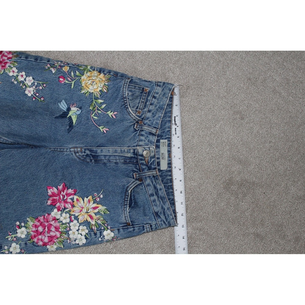 Topshop Moto Mom Jeans 25x32 Floral Hummingbird Embroidered High Rise No Stretch - Picture 7 of 12